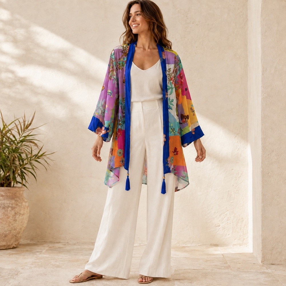John Mark L Floral Bird Butterfly Kimono Duster Boho Art to Wear Tassel